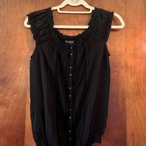 White House Black Market Ruched Ruffled Black Blouse